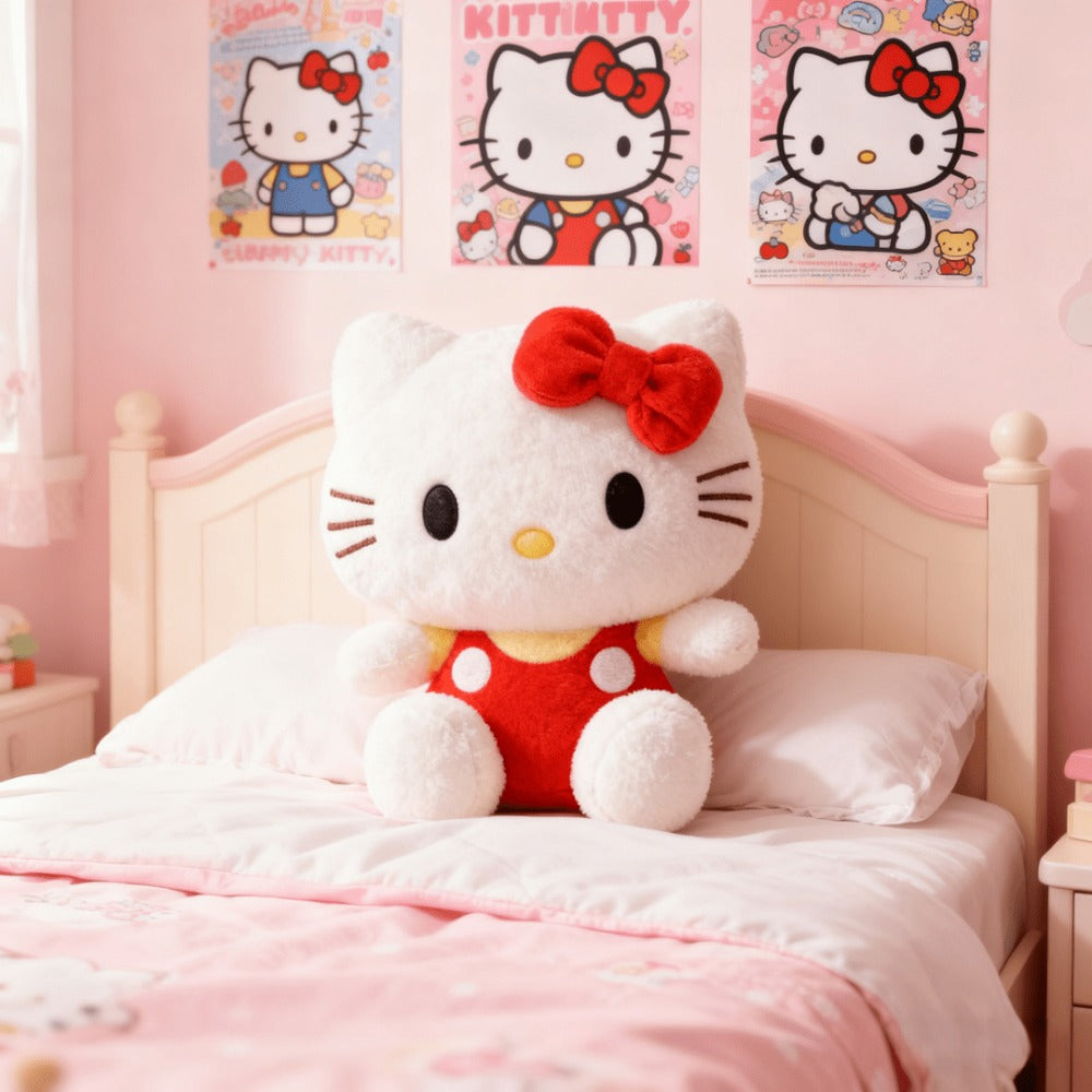 Plush Toy Bow-Wearing Cat Character Doll with Red, Pink or Blue Color Options and Soft Fabric