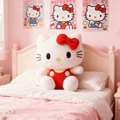 Plush Toy Bow-Wearing Cat Character Doll with Red, Pink or Blue Color Options and Soft Fabric