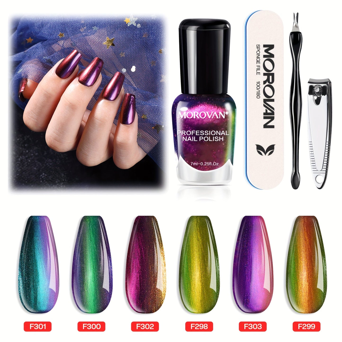 Six-Piece Holographic Nail Polish Set with Metallic Rainbow Shimmer Shades in 0.25 oz Air-Dry Bottles