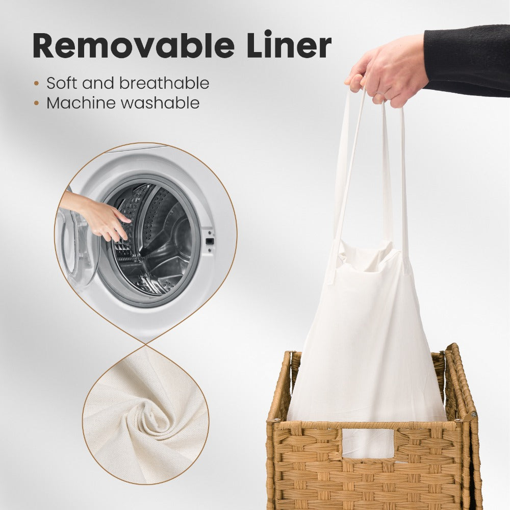 Woven Laundry Hamper with Hinged Lid, Removable Fabric Liner and Side Handles in Two Sizes and Brown or Gray