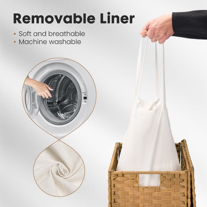 Woven Laundry Hamper with Hinged Lid, Removable Fabric Liner and Side Handles in Two Sizes and Brown or Gray