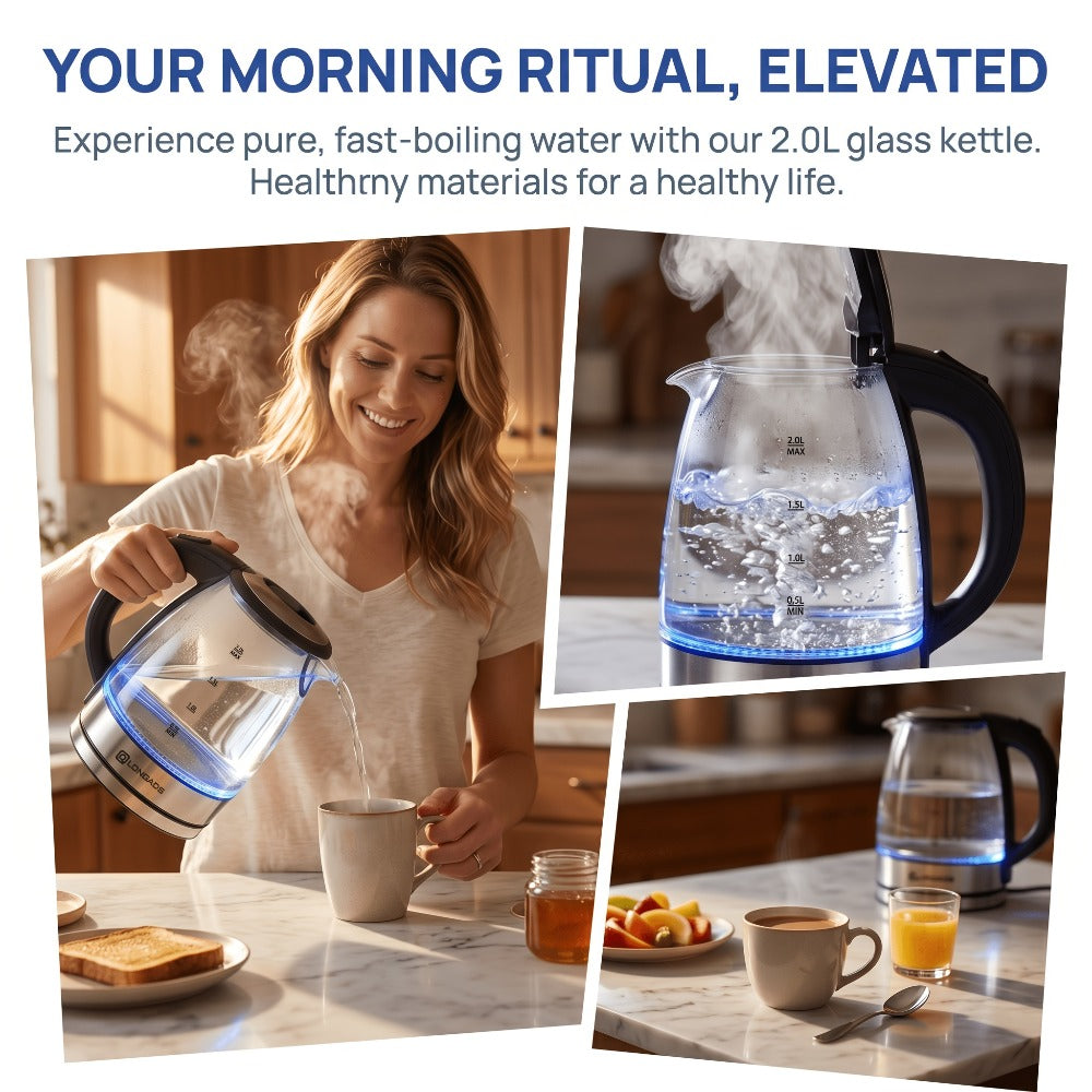 Glass Electric Kettle 2L Large Capacity – 1000W Fast Boil, Anti-Dry Burn Protection, See-Through Design for Coffee Milk Tea, Kitchen Dining Room Living Room Use, 67.63oz