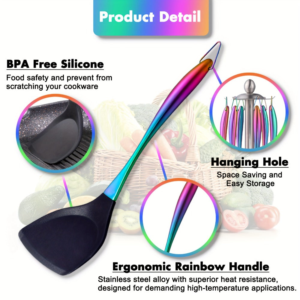 Silicone Cooking Utensils Set 17 Piece Rainbow Titanium with Rotating Holder - Heat Resistant Non-Stick Spatulas