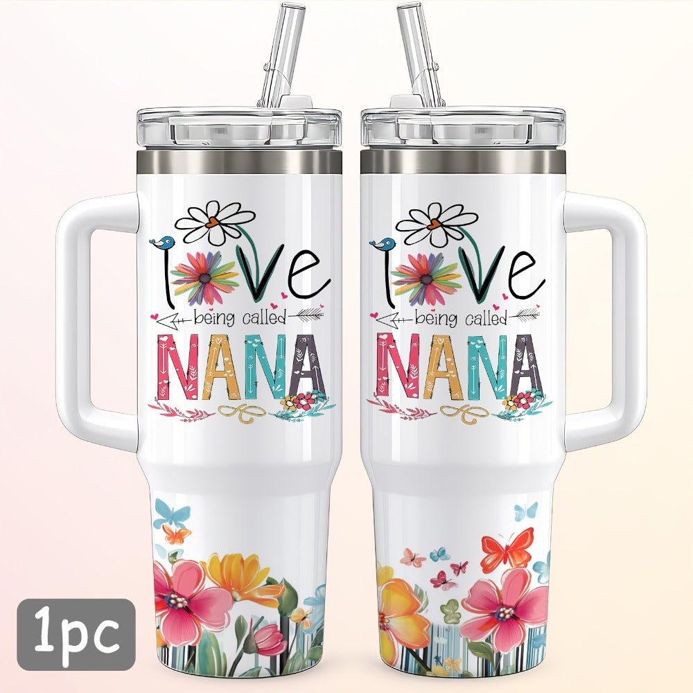 Floral Nana Graphic Stainless Steel Tumbler with Lid and Straw in White 16oz or 40oz Options