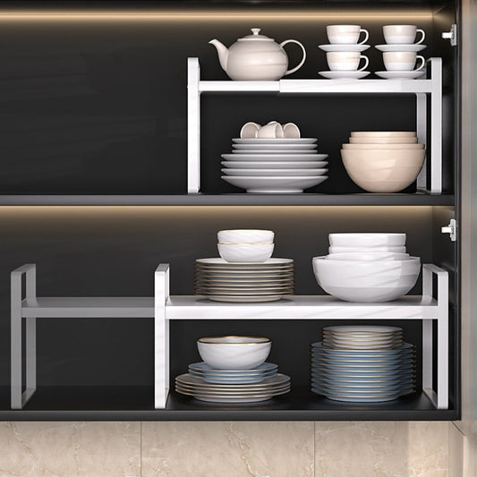 Expandable Cabinet Shelf Organizer Riser – Height Adjustable Retractable Rack with Suction Cup Base for Kitchen Pantry Cupboard Under Sink Countertop, Heavy Duty Metal Space Saver, Stackable Storage