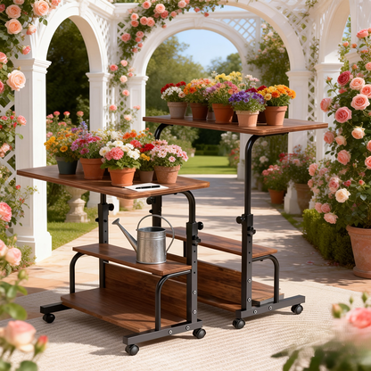 Two-Tier Mobile Garden Work Table with Wood-Look Top, Metal Frame, Storage Shelf and Locking Casters