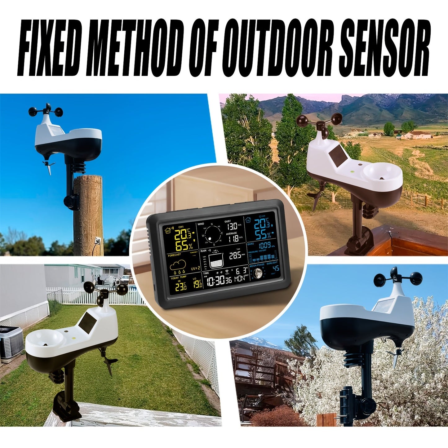 7-in-1 WiFi Weather Station with 7.5-Inch Color Display, Rain Collector, Wind Sensors and Tuya App