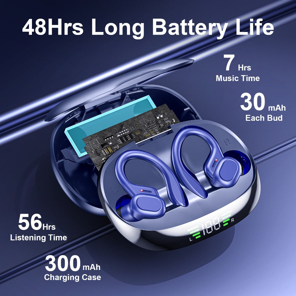Wireless Earbuds Bluetooth 5.4 Sport Earhooks with LED Battery Display in Black, Red or Blue