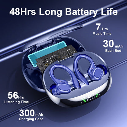 Wireless Earbuds Bluetooth 5.4 Sport Earhooks with LED Battery Display in Black, Red or Blue