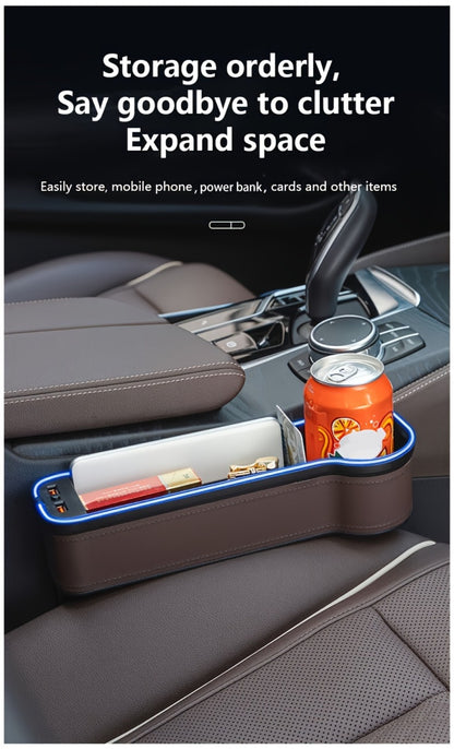 Car Seat Gap Storage Box with Phone Holder & Charger – Sundries Organizer with Ambient Atmosphere Light, Driver & Co-Pilot, 1pc or 2pc Set