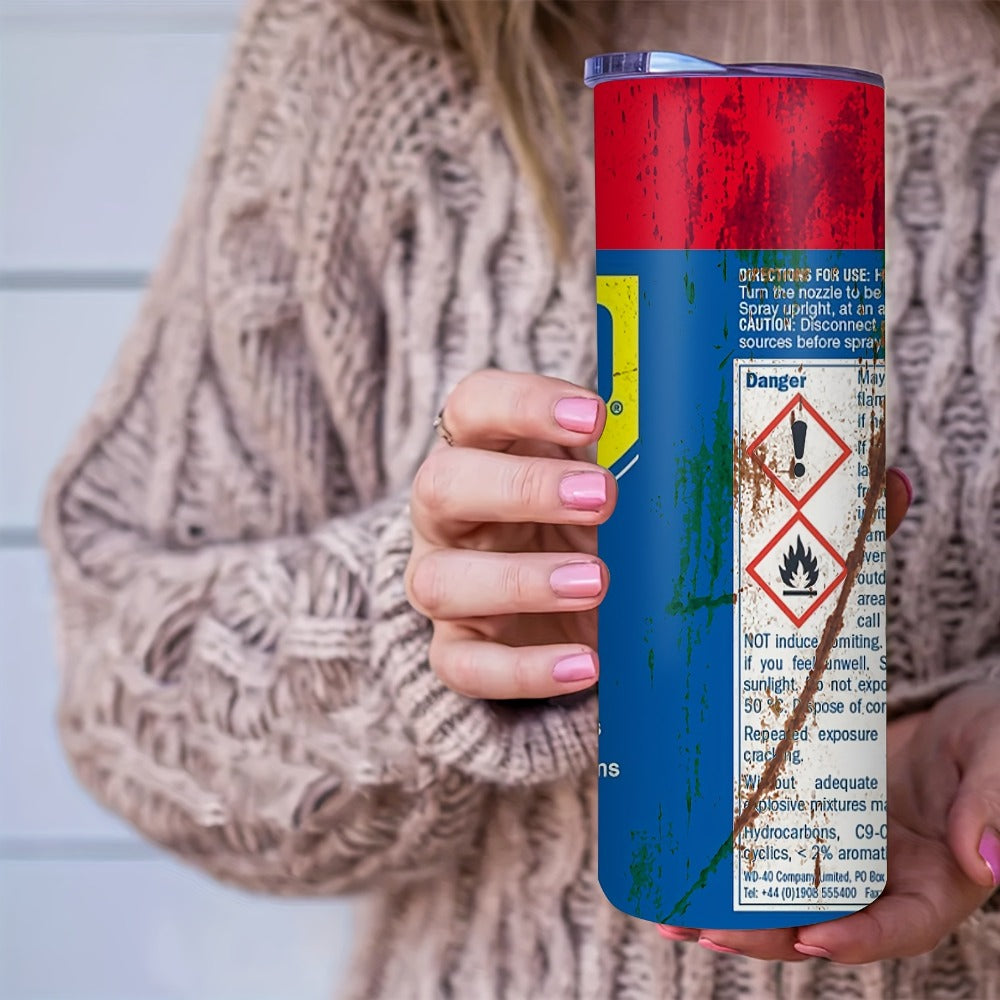 Insulated Tumbler 20oz WD-40 Can-Style Graphic on White Stainless Steel Travel Mug with Lid and Straw