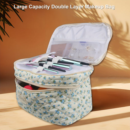 Makeup Bag – Set 3 PCS Quilted Cotton Dual Layer Large Capacity Floral Coquette Aesthetic Travel Cosmetic Bag Women Toiletry Organizer…