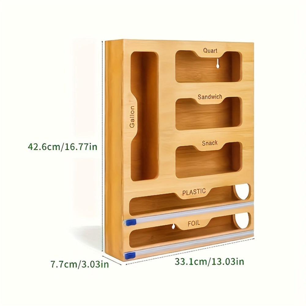 Foil and Bag Dispenser Kitchen Organizer 6-in-1 Bamboo Drawer Box with Built-In Cutter for Home Storage