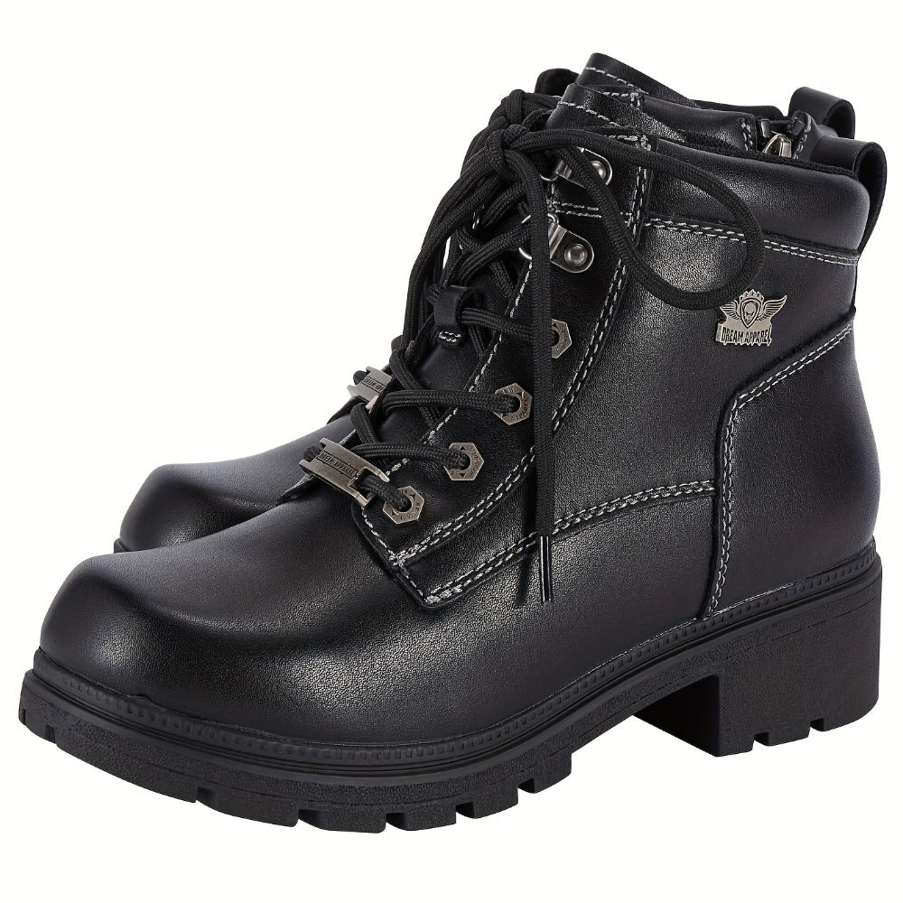 Women's Motorcycle Riding Boots, Low Heel Lace-Up Ankle Booties with Side Zipper, Non-Slip Rubber Sole Biker Combat Boots in Black Faux Leather, All-Season, US Sizes 6–11
