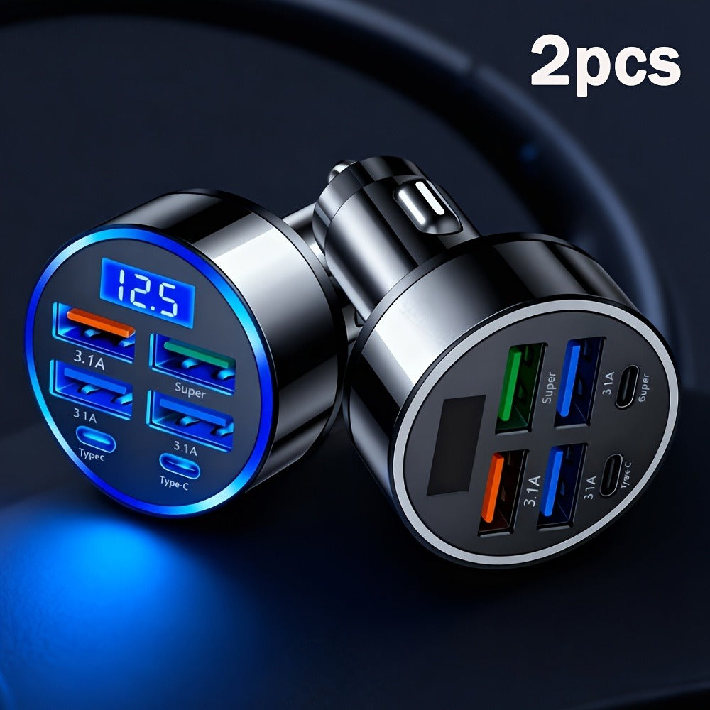 6-in-1 Car Charger 2-Pack with Ambient Light & Voltage Display – Dual PD Fast Charge + QC3.0 + 4 USB Ports Matte Finish – Multi Port USB Car Charger for iPhone 15 14 13 Samsung Android 12V 24V