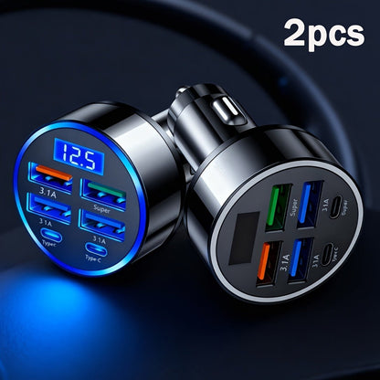 6-in-1 Car Charger 2-Pack with Ambient Light & Voltage Display – Dual PD Fast Charge + QC3.0 + 4 USB Ports Matte Finish – Multi Port USB Car Charger for iPhone 15 14 13 Samsung Android 12V 24V