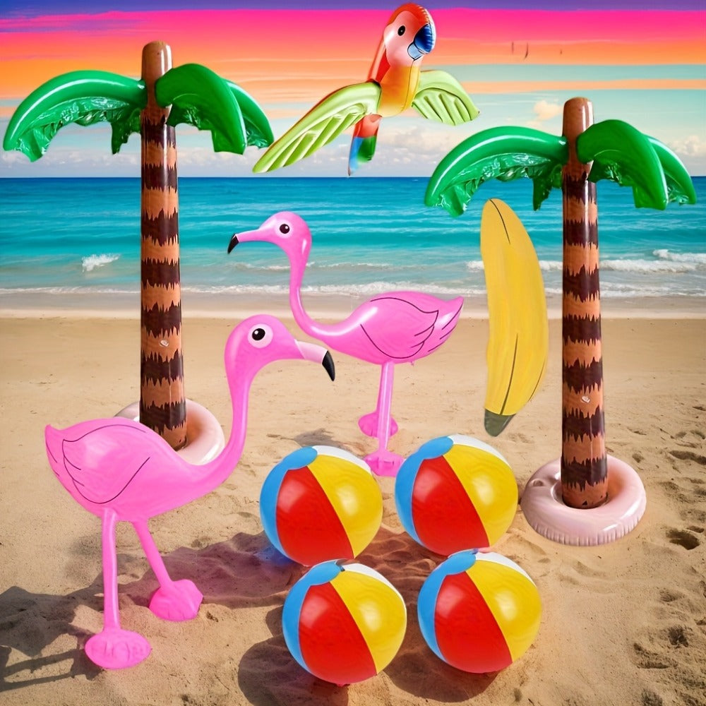 Hawaiian Luau Inflatable Decoration Set with Two Palm Trees, Two Flamingos, Four Beach Balls, Parrot and Banana