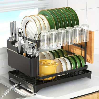 Two-Tier Dish Drying Rack, Compact Metal Countertop Drainer with Drainboard in Three Colors
