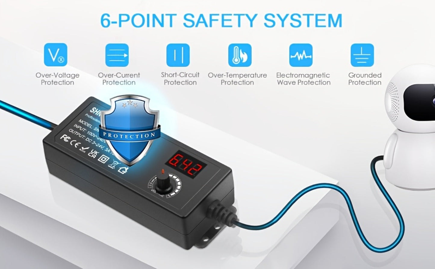 Adjustable 3–24V AC/DC Power Adapter with 72W Label, LCD Readout, Knob Control and Connector Set