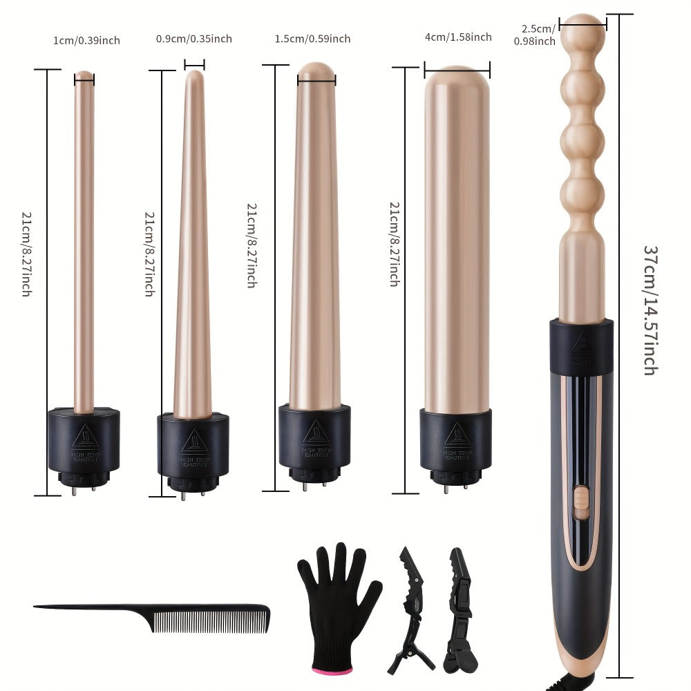 5-in-1 Curling Wand Set Ceramic Interchangeable Barrels 0.4-1.25 Inch - 30s Fast Heat Dual Voltage Auto Shut-Off Hair Curler Iron with Heat Glove for Women Long Short Hair