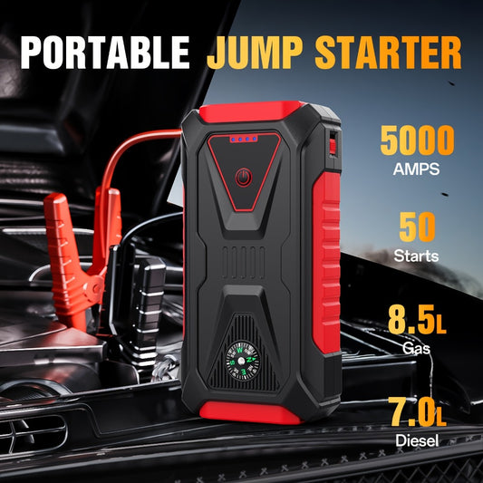 5000A Peak Jump Starter - 12V Portable Car Battery Starter with LED Flashlight, SOS Light, Safety Hammer & Compass | Gas & Diesel Engines, RV