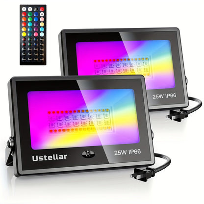 RGB LED Flood Light 25W Outdoor Color Changing - 1000 DIY Colors, 44-Key Remote, Strobe & Fade Modes, Memory Function, Multi-Pack for Party, Stage, Garden, Halloween & Christmas Uplighting