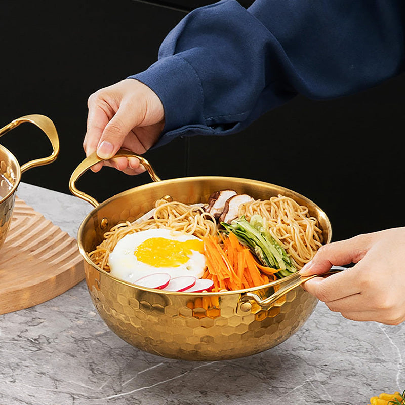 Hammered Gold-Tone Stainless Steel Ramen Pot Set with Three Lidded Sizes and Dual Loop Handles