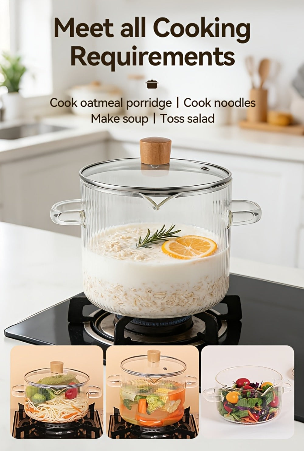 Glass Saucepan Set 2-Pack Stovetop Safe Borosilicate Ribbed Pots with Lids – 78oz & 54oz Heat Resistant Cookware for Soup, Ramen, Milk | Transparent Glass Pot Kitchen Cooking Set with Baking Mat