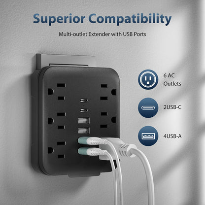 Power Strip Compact 12-in-1 Outlet Extender with 6 AC Outlets, 4 USB-A, 2 USB-C and Black or White Finish