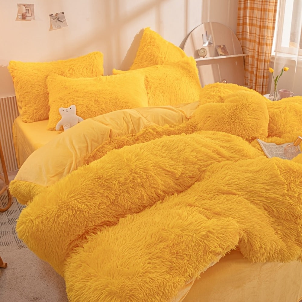 Plush Four-Piece Duvet Cover Set with Bed Sheet, Two Pillowcases, Queen or King Size and Eight Colors