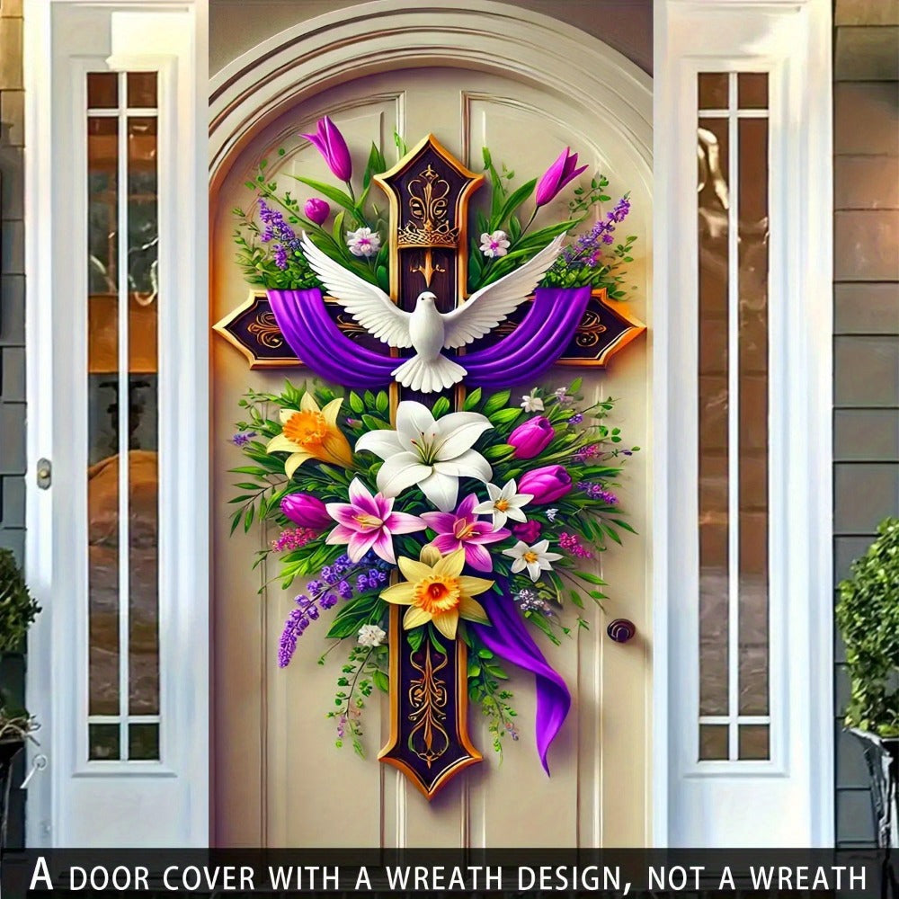 Easter Door Curtain Decoration with Dove, Floral and Cross Pattern, 35.4 x 70.8 Inches for Home or Party Display
