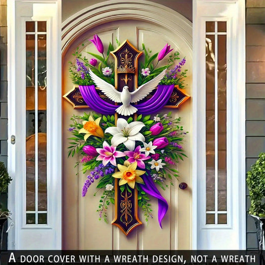 Easter Door Curtain Decoration 35.4x70.8 Inch, Colorful Spring Door Hanging with Dove Floral Cross Pattern, Polyester 2D Flat No-Power Door Curtain Set for Entrance Room Home Party Easter Decor