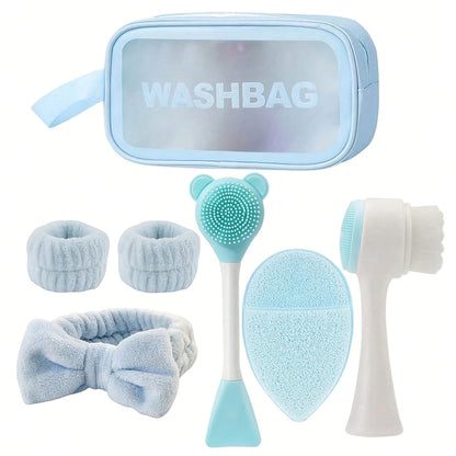 7-Piece Facial Cleansing Brush Set with Wash Bag, Bow Headband, Wristbands and Skincare Applicators