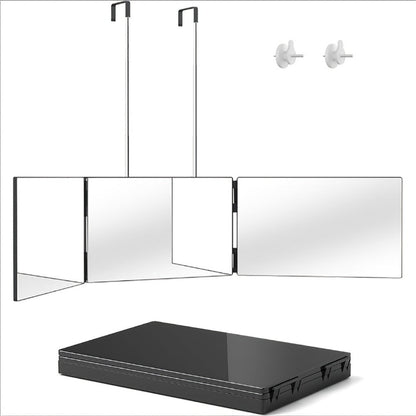 Folding 3 Way Mirror for Hair Cutting 360° View HD Glass, Three-Sided Barber Mirror Adjustable Height Telescopic Door Hook Wall Mount USB Powered, Self Haircut Mirror for Men Women Shaving Beard Makeup