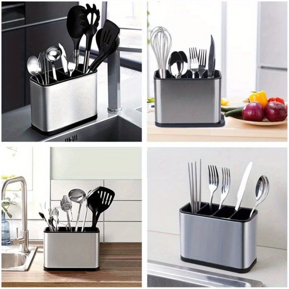 Utensil Holder Stainless Steel Cutlery Organizer 4-Compartment Countertop Caddy Anti-Slip Drain Holes for Kitchen Forks Knives Spoons Chopsticks
