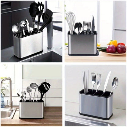 Utensil Holder Stainless Steel Cutlery Organizer 4-Compartment Countertop Caddy Anti-Slip Drain Holes for Kitchen Forks Knives Spoons Chopsticks