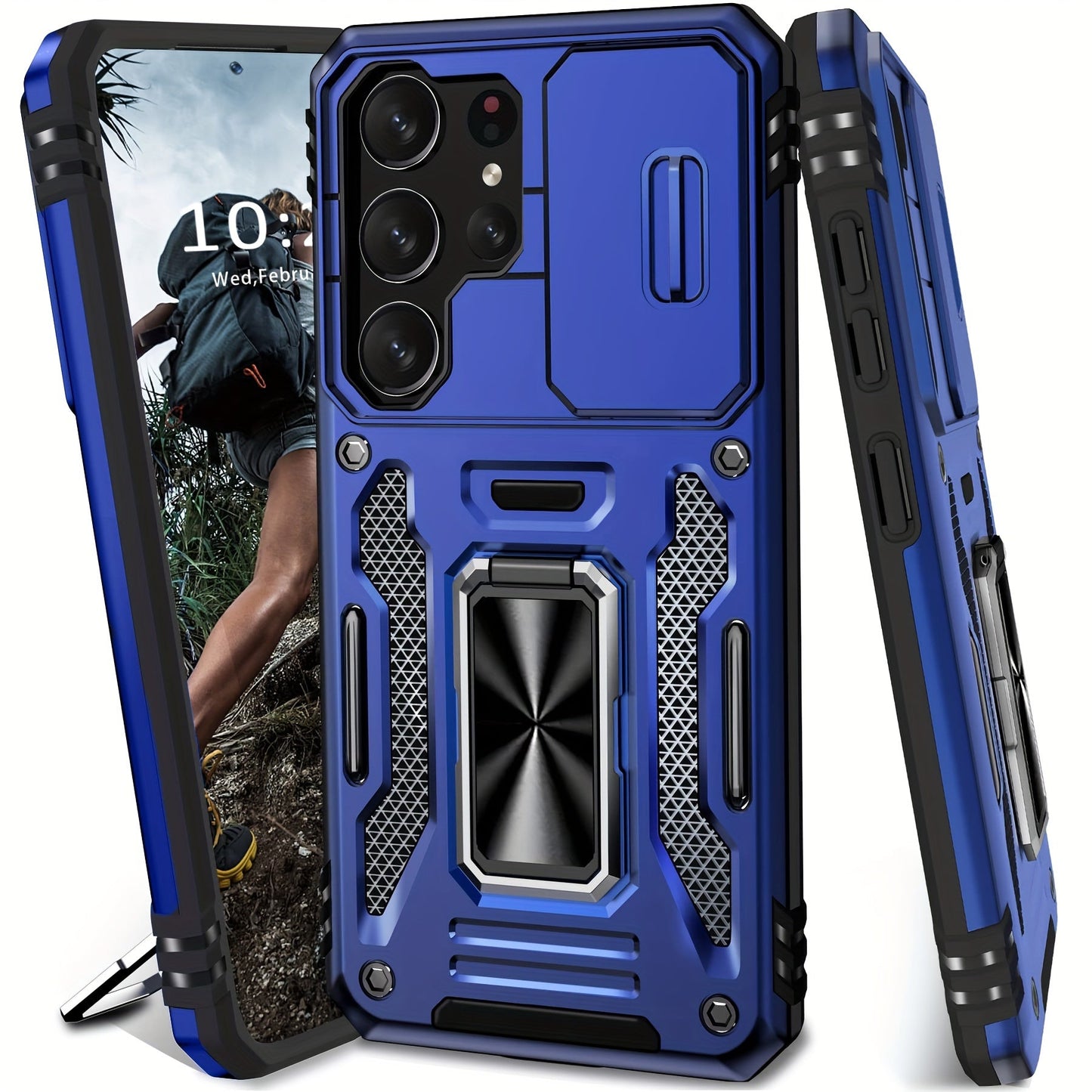 Samsung Galaxy Shockproof Magnetic Phone Case with 360° Rotating Ring Bracket & Sliding Lens Protector – Heavy Duty Cover for S24FE S23FE S22 S21FE Ultra A55 A54 A35 A34 A25 A24 A16 A15 A14 A06 A05 A05S 5G