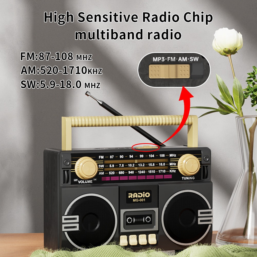 Portable AM/FM/SW Radio with 1200mAh Battery, Bluetooth, USB/TF/AUX Playback and LED Flashlight