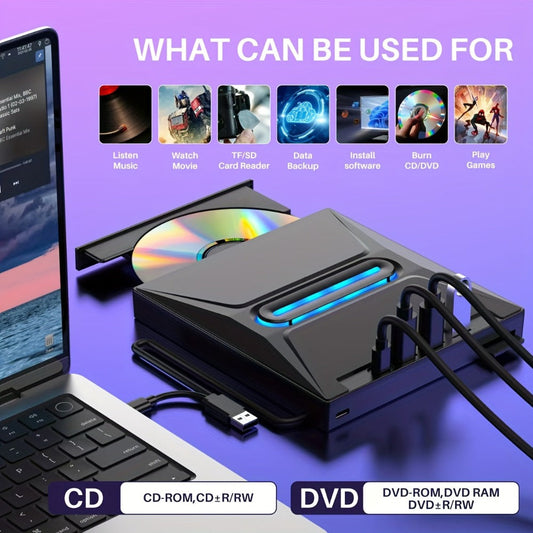 8-in-1 Luminous External CD DVD Drive USB 3.0 & Type-C - Portable CD/DVD±RW Burner Player Hub with 3 USB Ports, TF/SD Card Reader, Compatible with Laptop Desktop PC Windows Linux