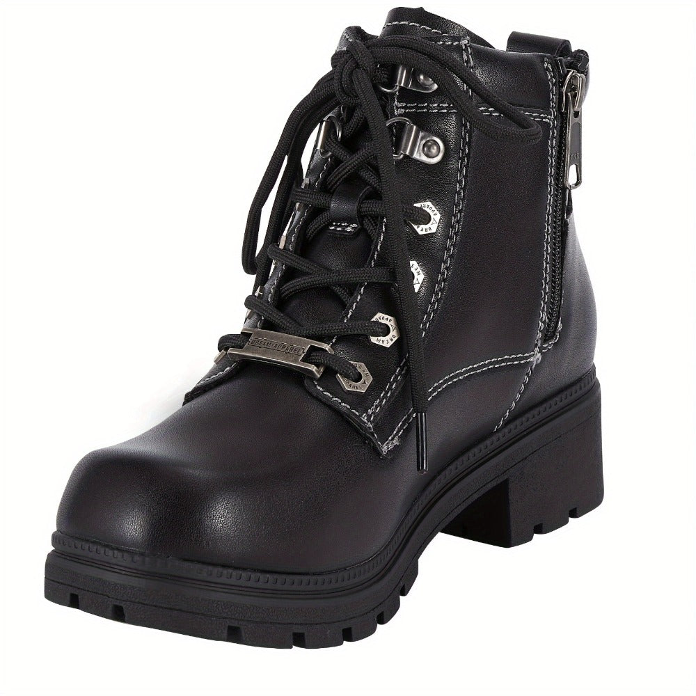Women's Motorcycle Riding Boots, Low Heel Lace-Up Ankle Booties with Side Zipper, Non-Slip Rubber Sole Biker Combat Boots in Black Faux Leather, All-Season, US Sizes 6–11
