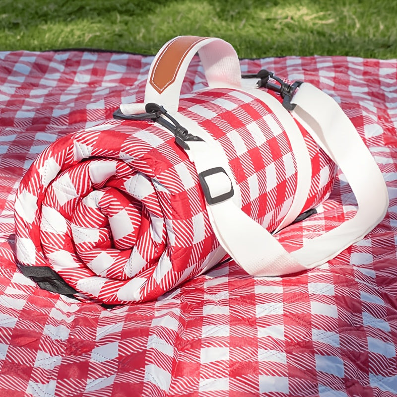 Green Plaid Roll-Up Picnic Blanket with Padded Layers and Carry Straps, 80 x 80in Outdoor Mat
