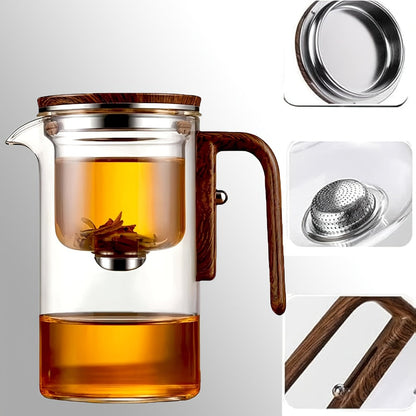 Twenty-Seven-Ounce Glass Teapot with Infuser, Wooden Handle and One-Button Tea Separation Design