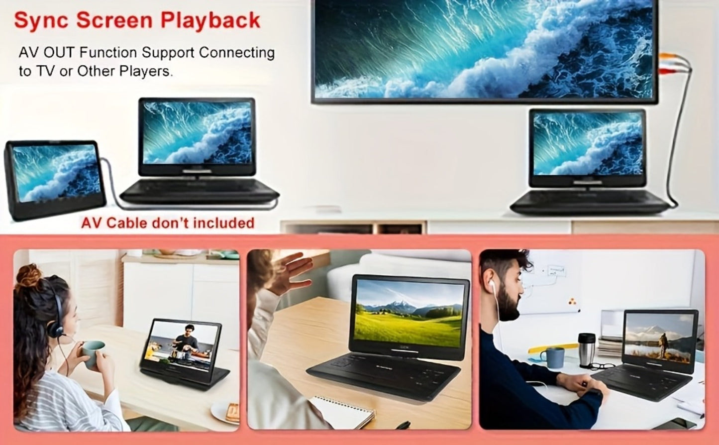 Portable DVD Player 14.1 Inch HD Screen, AV IN/OUT Sync TV & Projector, 270° Rotating Screen, Region Free, USB SD Card, Remote Control, 6-Hour Battery, Dual Speakers for Car Home Travel