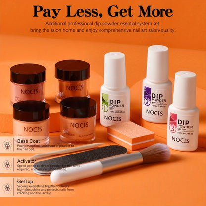 Dip Powder Nail Kit with NOCIS Label, Four Orange Brown Glitter Powders, Three 10ml Liquids and Four Tools