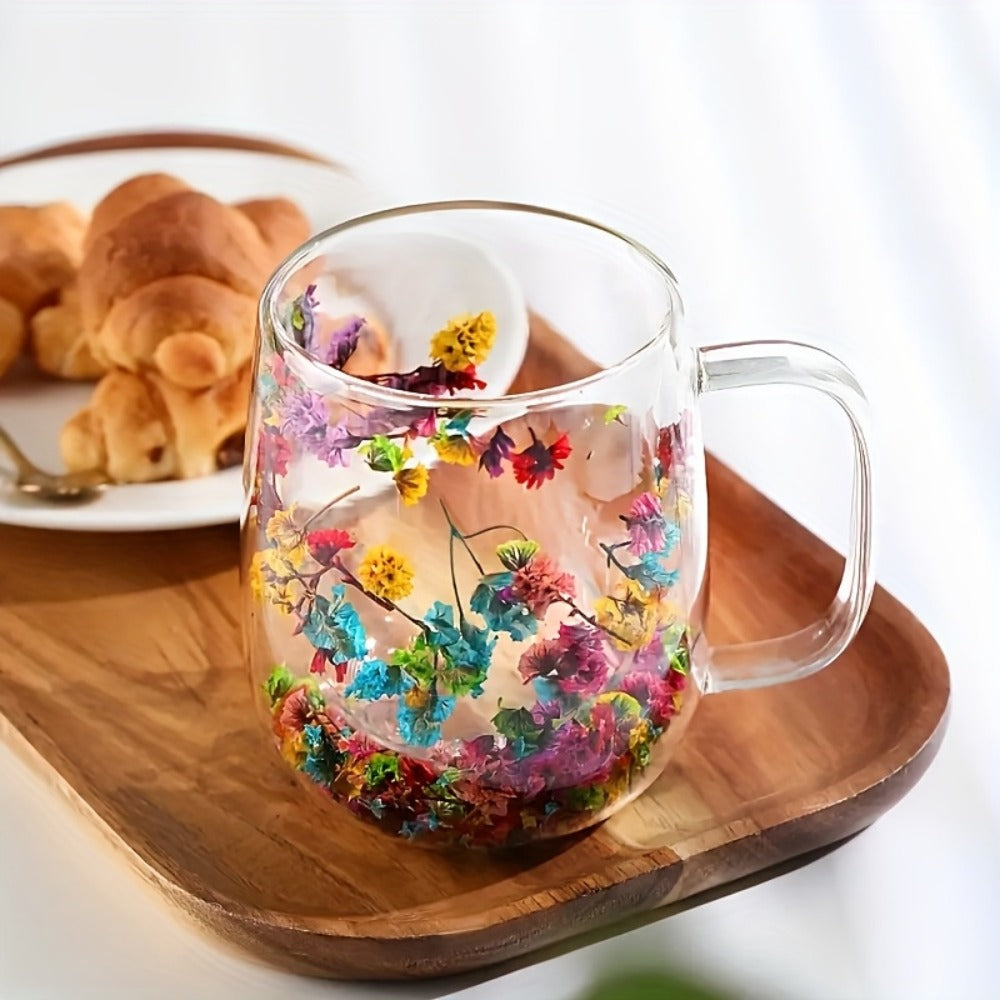 Double-Wall Glass Coffee Cup Set, Four-Piece Floral and Petal Design Mugs with Clear Handles for Tea and Lattes