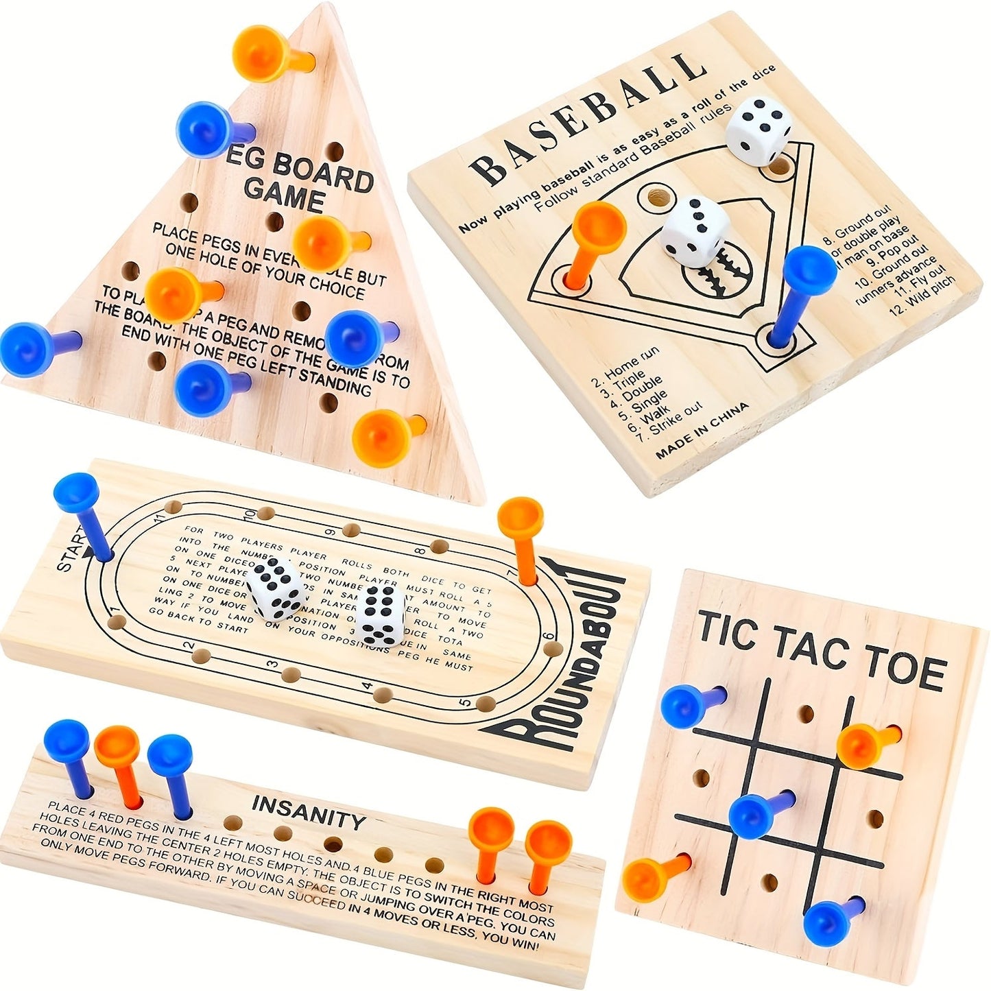 Five-Game Wooden Tabletop Set with Peg Boards, Dice and Playing Pieces for Adult Strategy and Family Game Nights