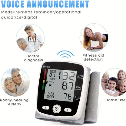 Blood Pressure Monitor Wrist Device with Rechargeable Power, Large LCD, Voice Readout and Two-User 198-Reading Memory