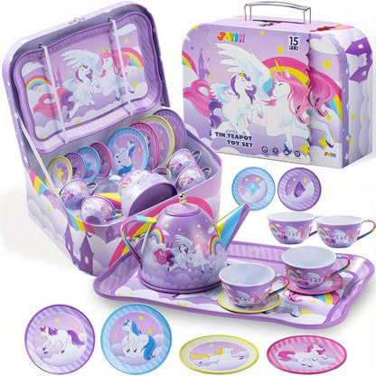 Purple Unicorn Tin Tea Set in Carry Case with Teapot, Four Cups, Four Saucers and Five Plates