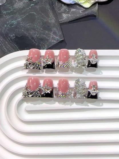 Press On Nails 10-Piece Short Duckbill Set with Black French Tips, Snake, Stars and Self-Adhesive Gel Tabs