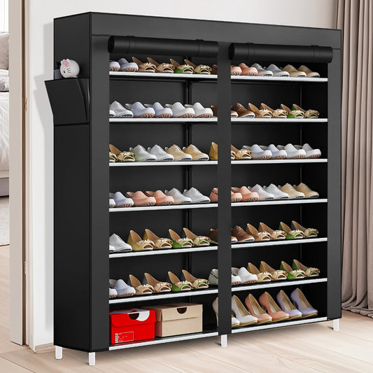 Shoe Rack 9-Tier Portable Double-Row Organizer for Up to 42 Pairs with Black Nonwoven Fabric Cover